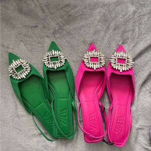 Zara Women's Vibrant Green and Pink Flats with Embellishments